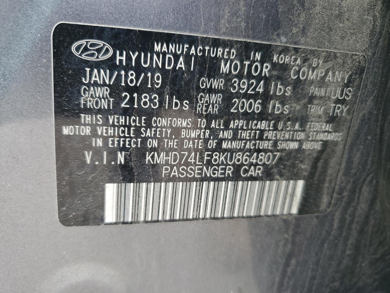 2019 Hyundai Elantra Se VIN: KMHD74LF8KU864807 Lot: 53229045