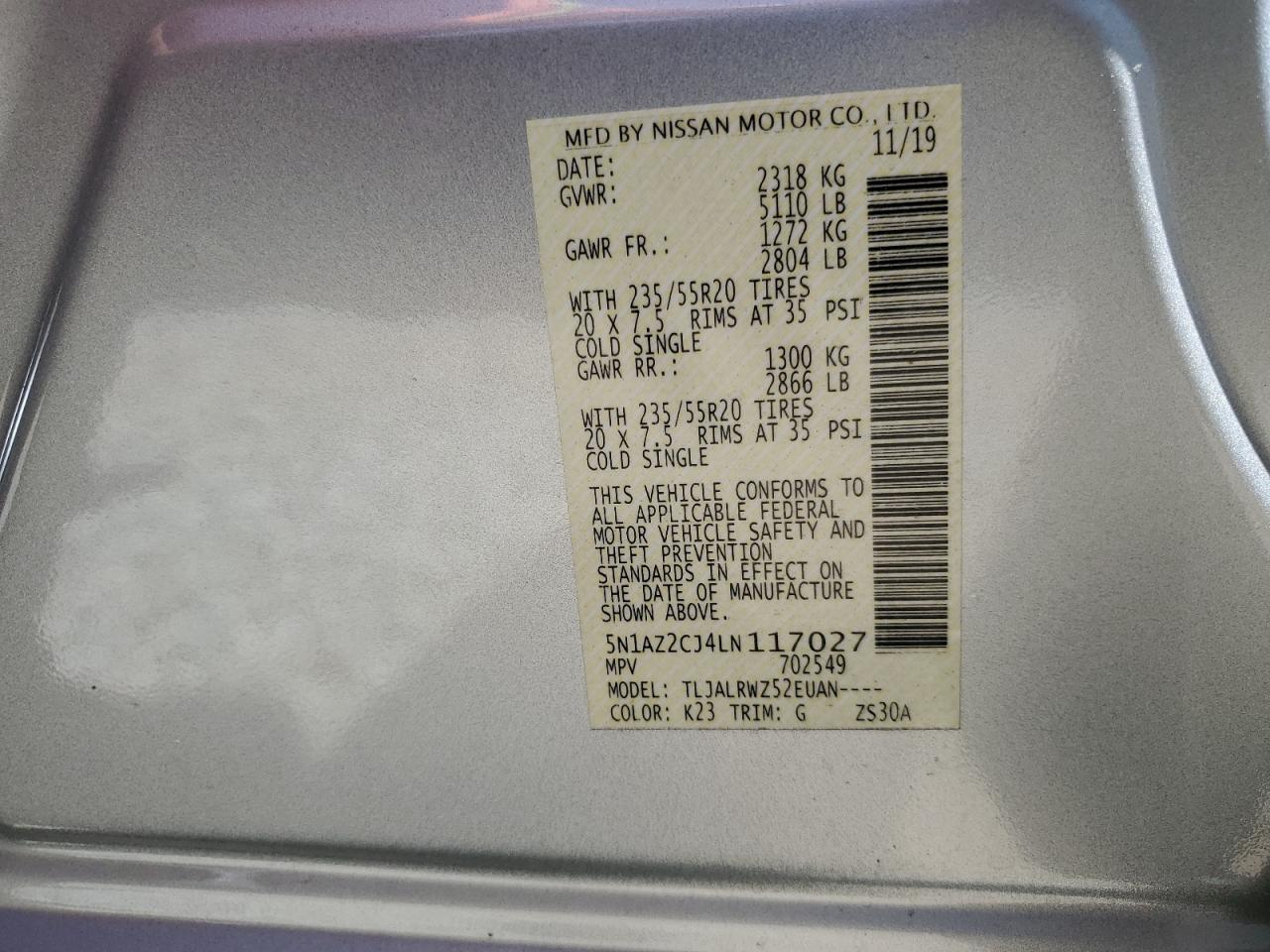 2020 Nissan Murano Sl VIN: 5N1AZ2CJ4LN117027 Lot: 93766375