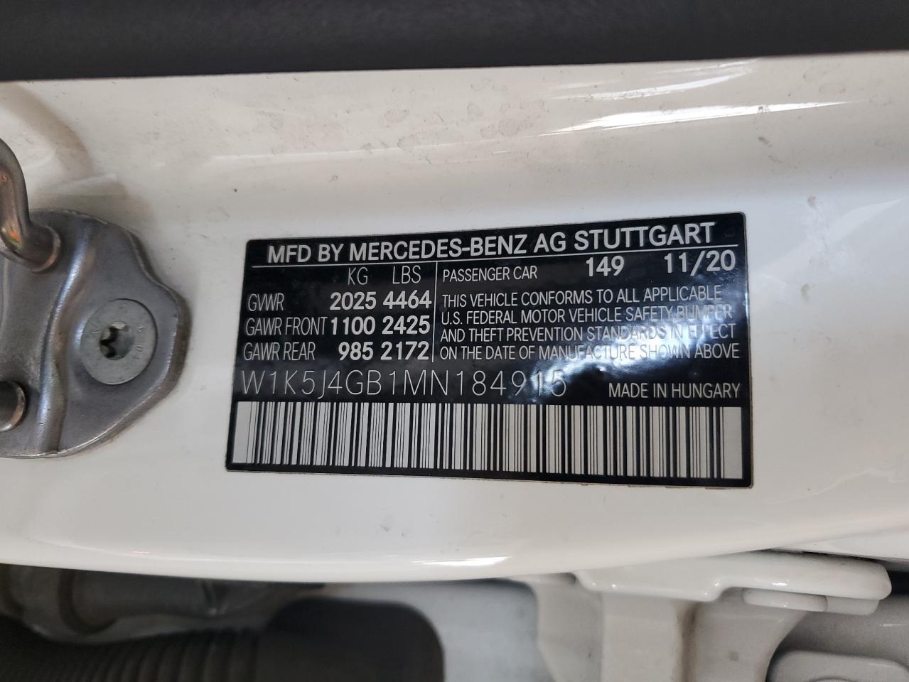 2021 Mercedes-Benz Cla 250 VIN: W1K5J4GB1MN184915 Lot: 54603175