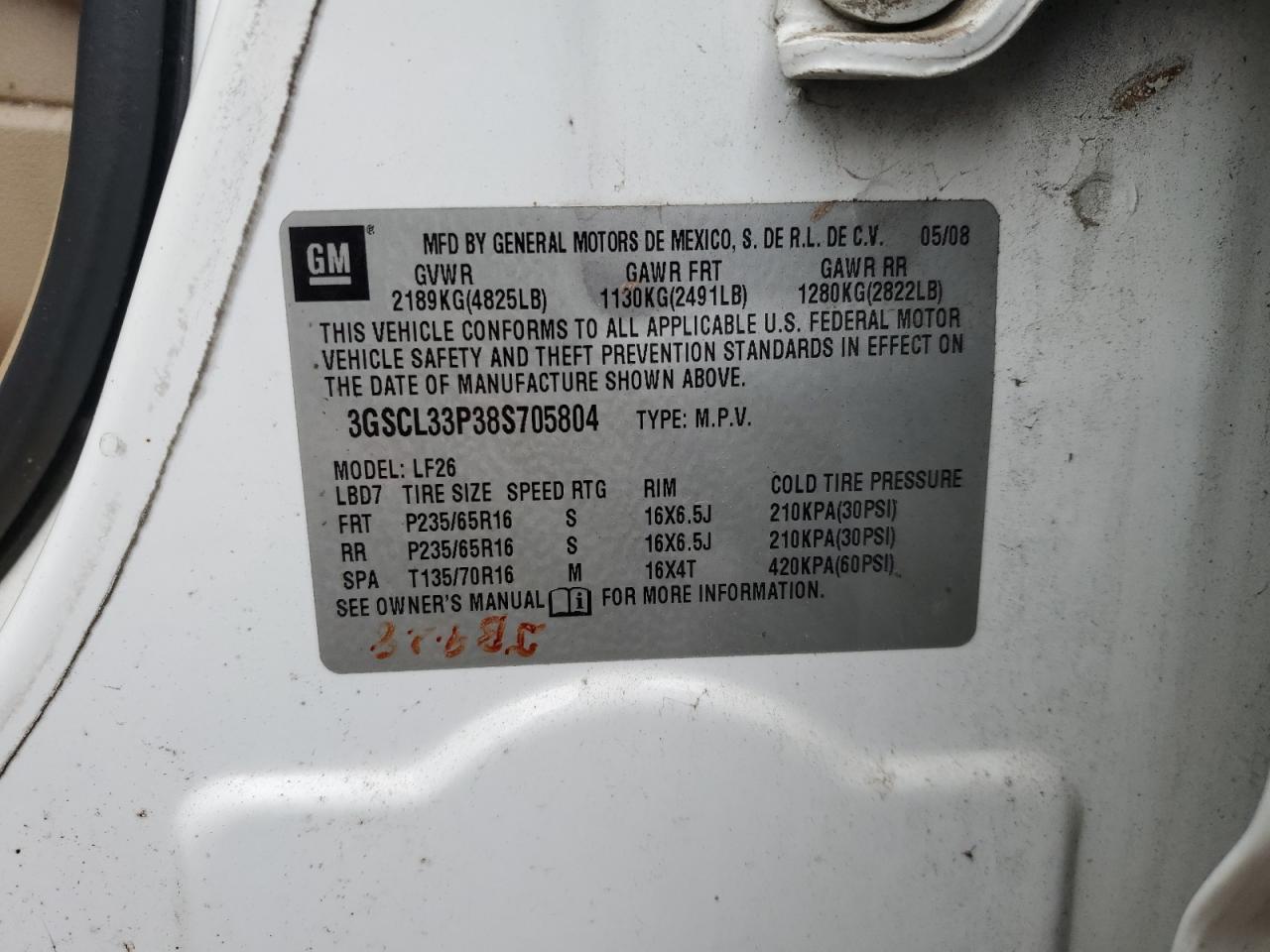 2008 Saturn Vue Xe VIN: 3GSCL33P38S705804 Lot: 51691055
