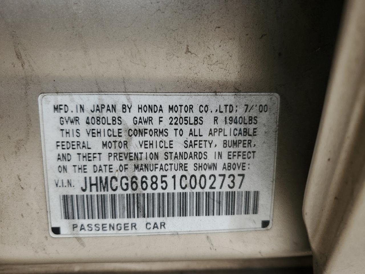 2001 Honda Accord Ex VIN: JHMCG66851C002737 Lot: 55276445