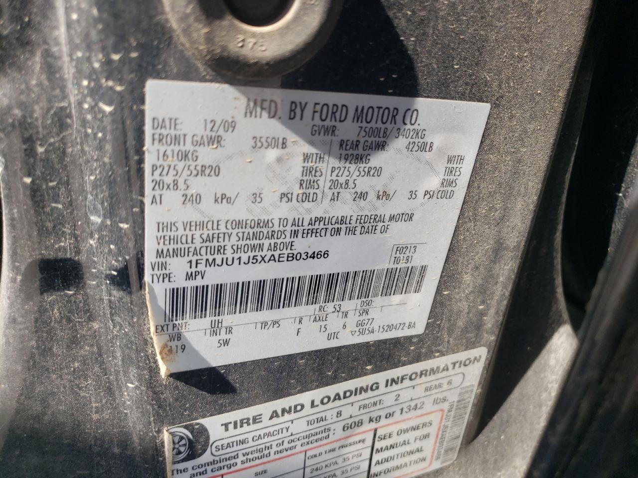 2010 Ford Expedition Eddie Bauer VIN: 1FMJU1J5XAEB03466 Lot: 53208285