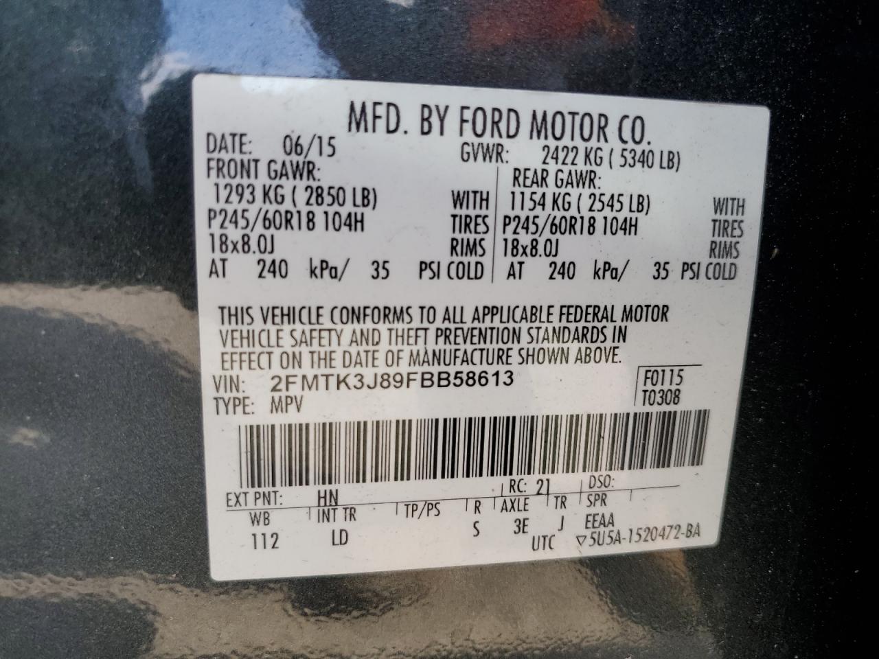 2015 Ford Edge Sel VIN: 2FMTK3J89FBB58613 Lot: 54758945