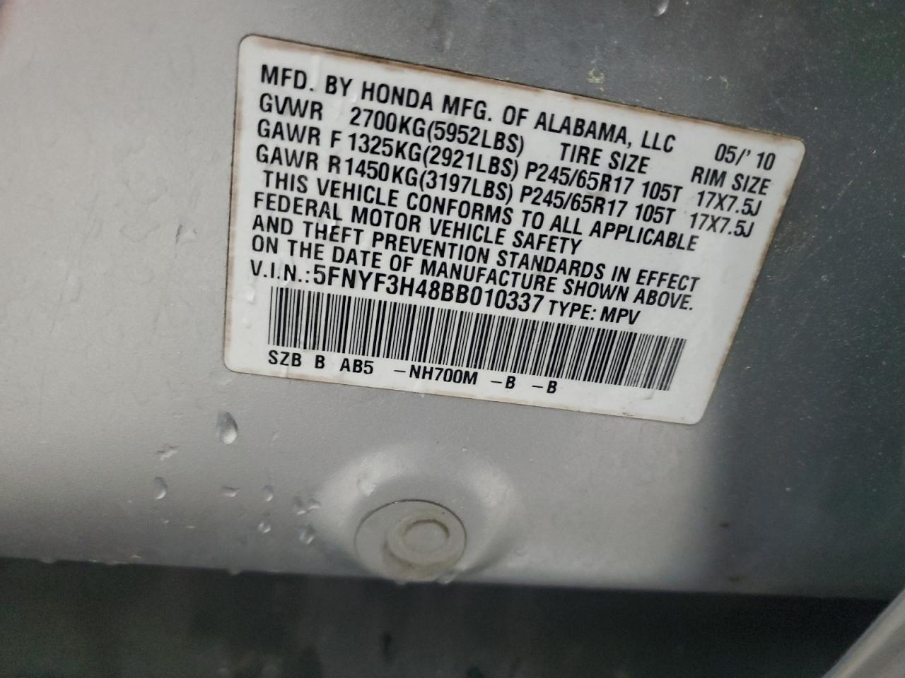 2011 Honda Pilot Ex VIN: 5FNYF3H48BB010337 Lot: 61527705