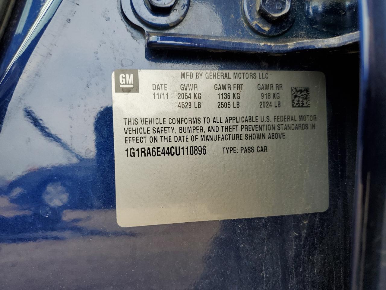 2012 Chevrolet Volt VIN: 1G1RA6E44CU110896 Lot: 54406905