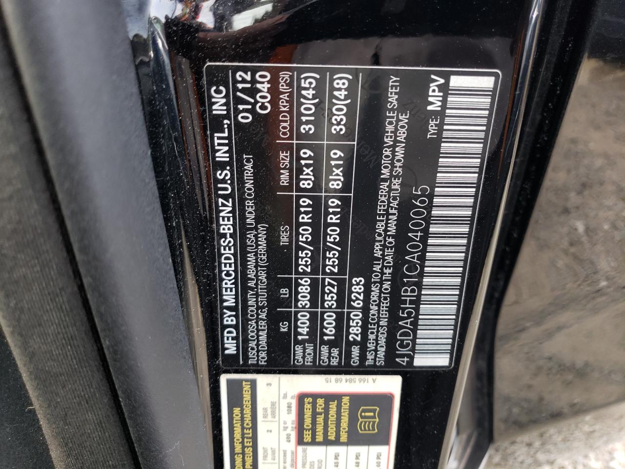 2012 Mercedes-Benz Ml 350 4Matic VIN: 4JGDA5HB1CA040065 Lot: 52926495