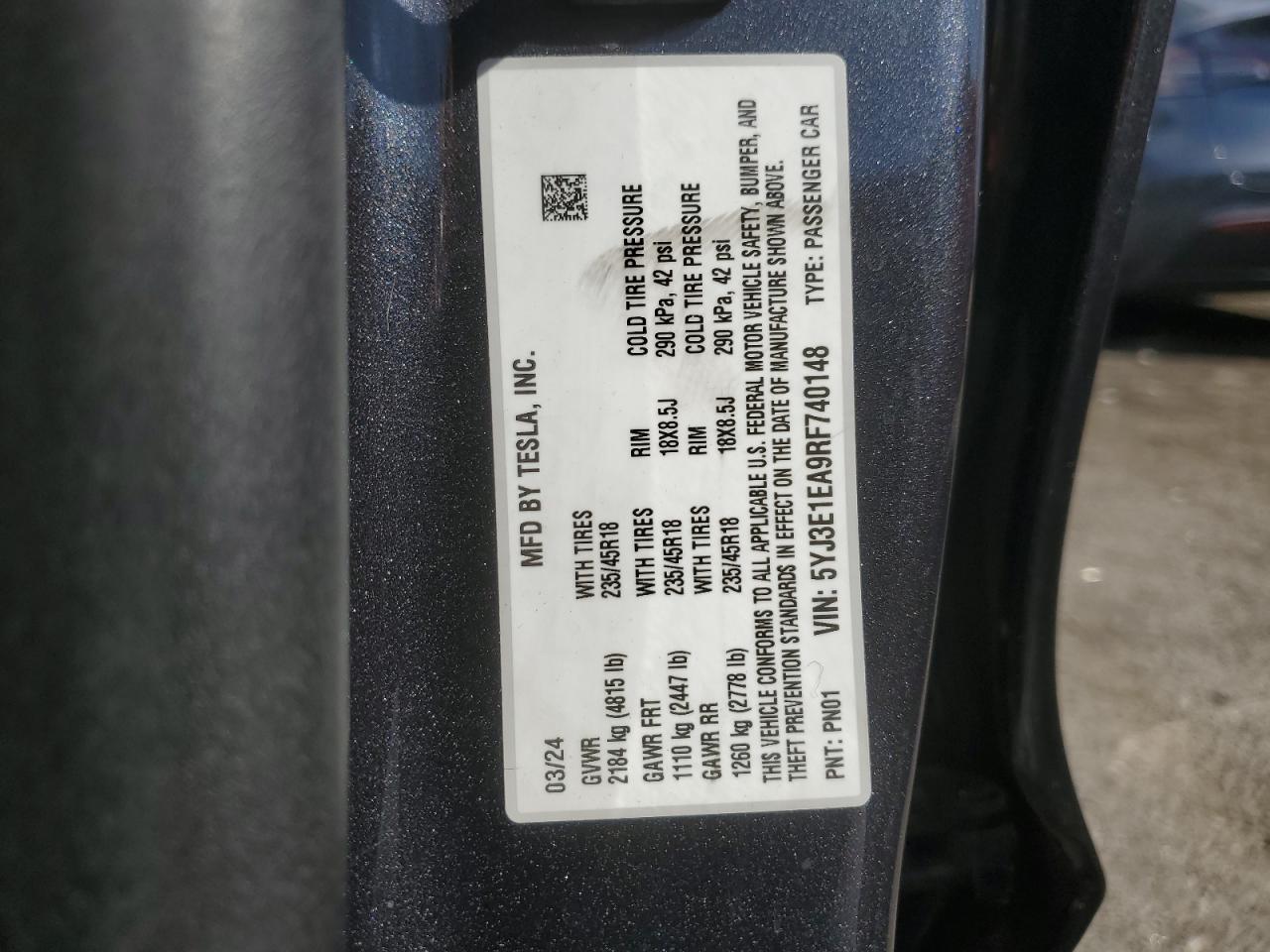 2024 Tesla Model 3 VIN: 5YJ3E1EA9RF740148 Lot: 54266365