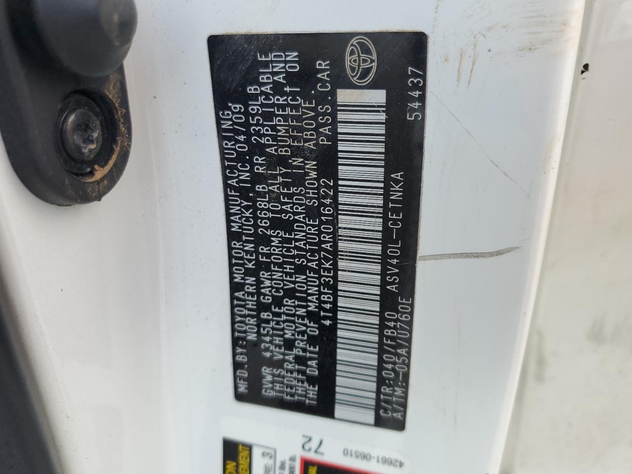 2010 Toyota Camry Base VIN: 4T4BF3EK7AR016422 Lot: 55358915