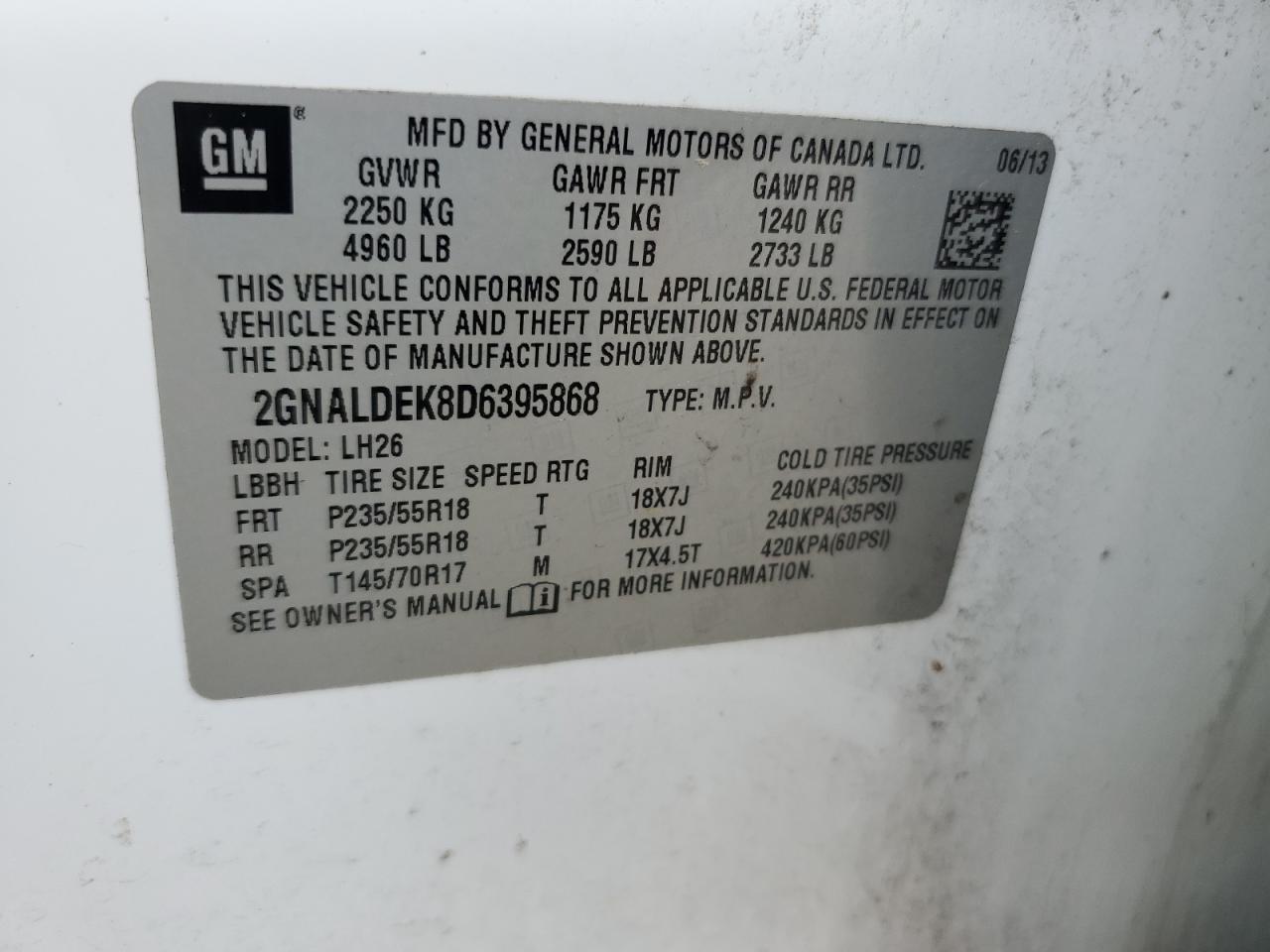 2013 Chevrolet Equinox Lt VIN: 2GNALDEK8D6395868 Lot: 53757645