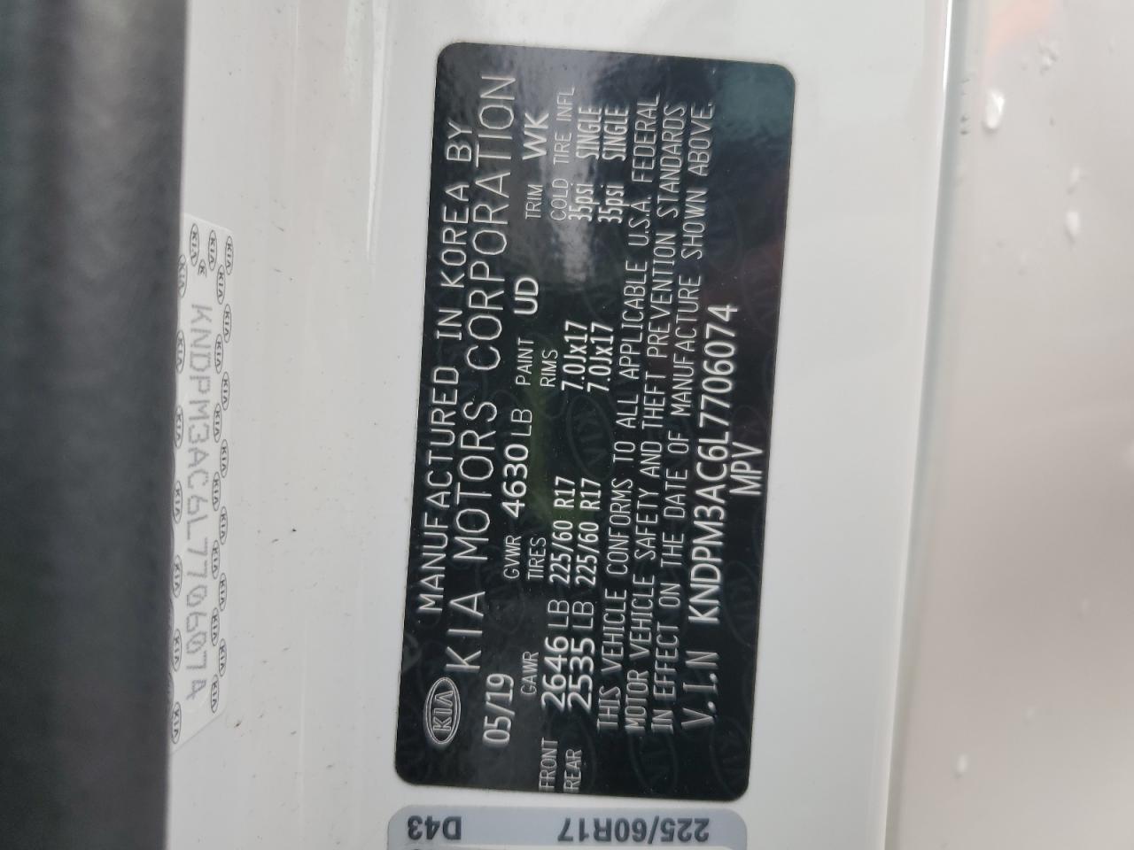 2020 Kia Sportage Lx VIN: KNDPM3AC6L7706074 Lot: 51576545