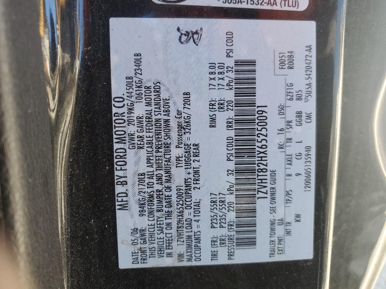2006 Ford Mustang Gt VIN: 1ZVHT82HX65250091 Lot: 54744845