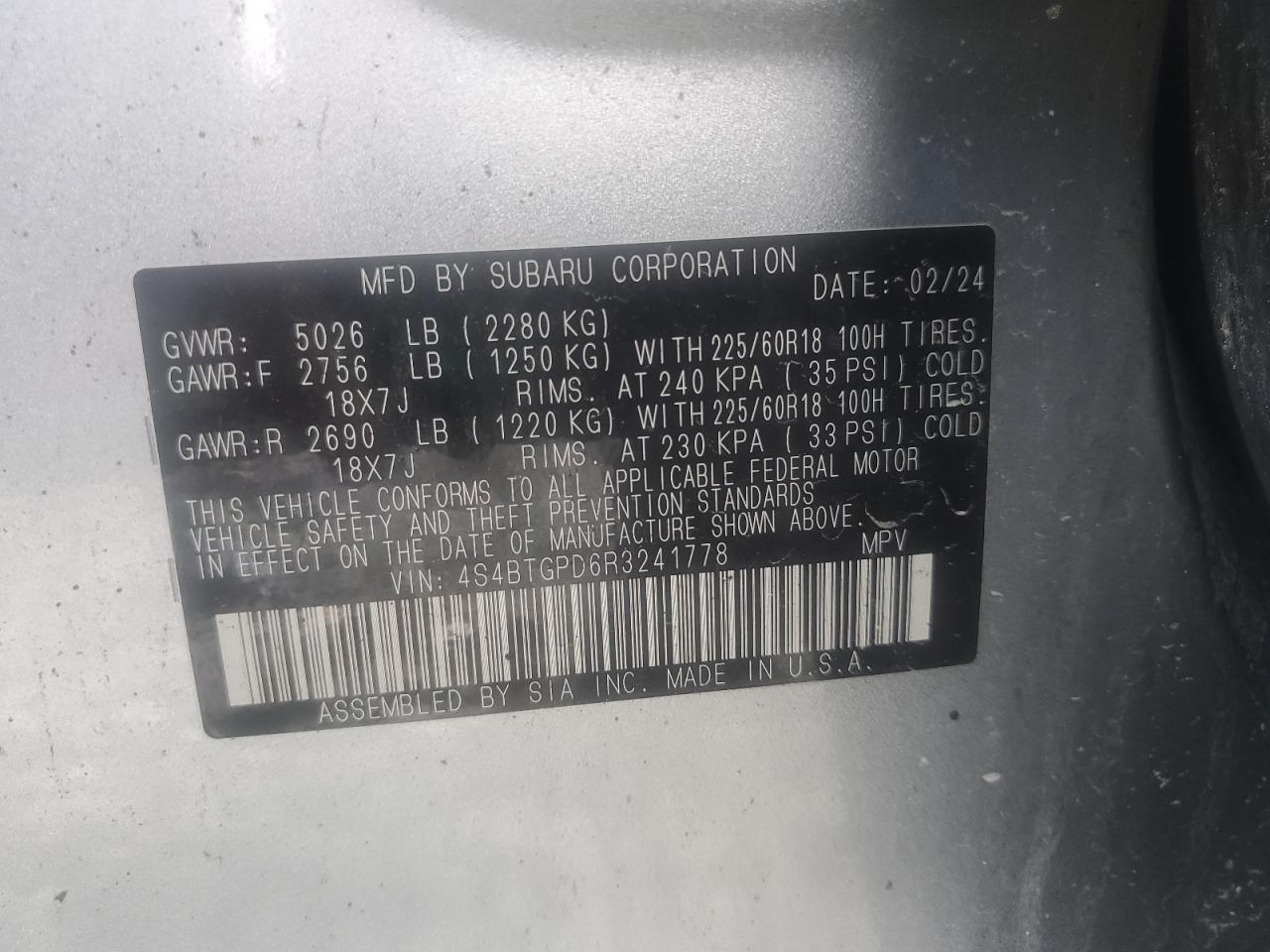 2024 Subaru Outback Touring VIN: 4S4BTGPD6R3241778 Lot: 53850185
