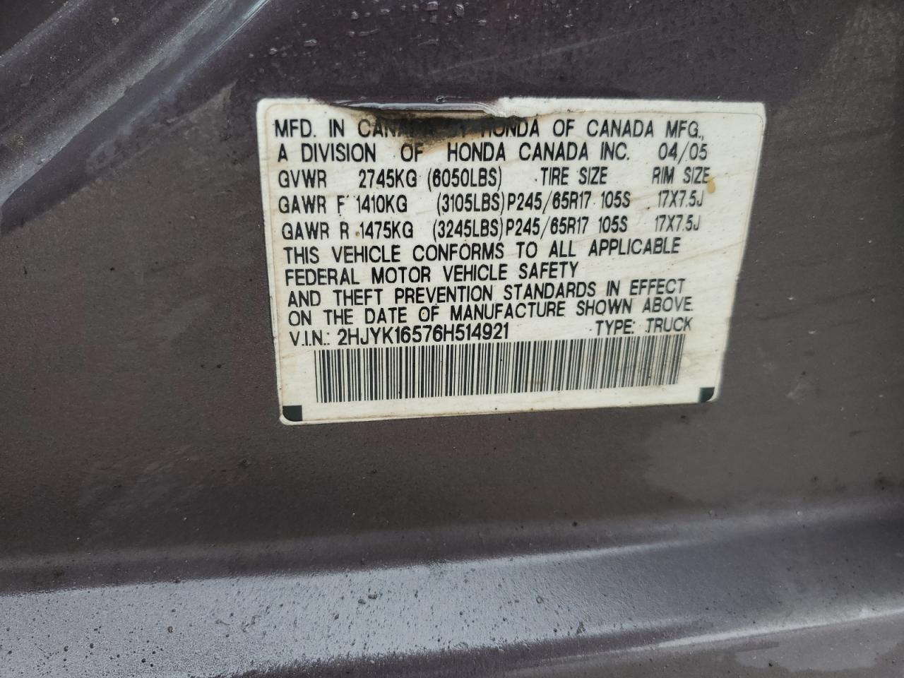 2006 Honda Ridgeline Rtl VIN: 2HJYK16576H514921 Lot: 51333355
