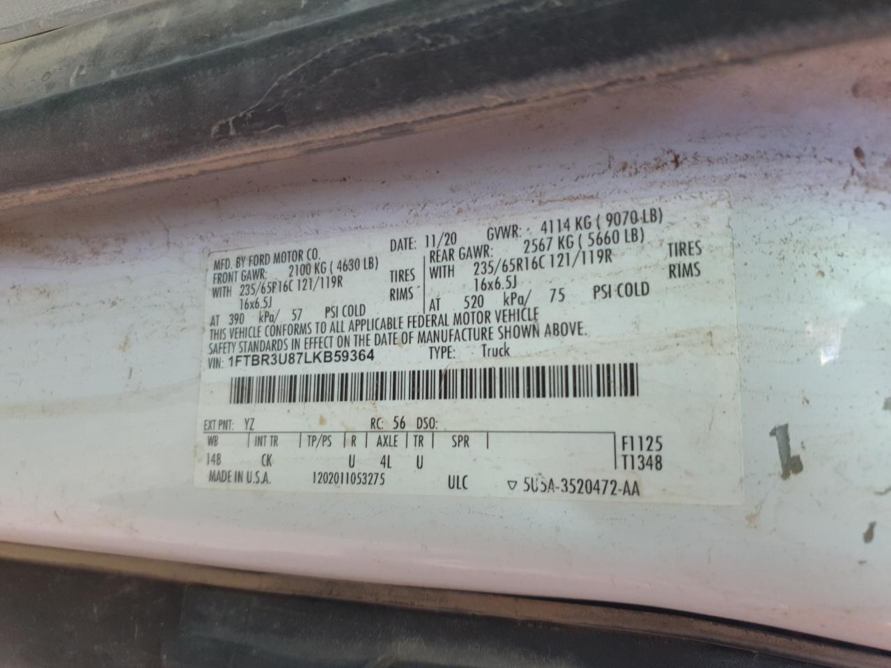 2020 Ford Transit T-250 VIN: 1FTBR3U87LKB59364 Lot: 52872755