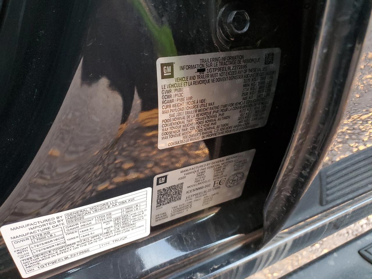 2020 GMC Sierra K1500 At4 VIN: 1GTP9EEL9LZ272695 Lot: 53492295