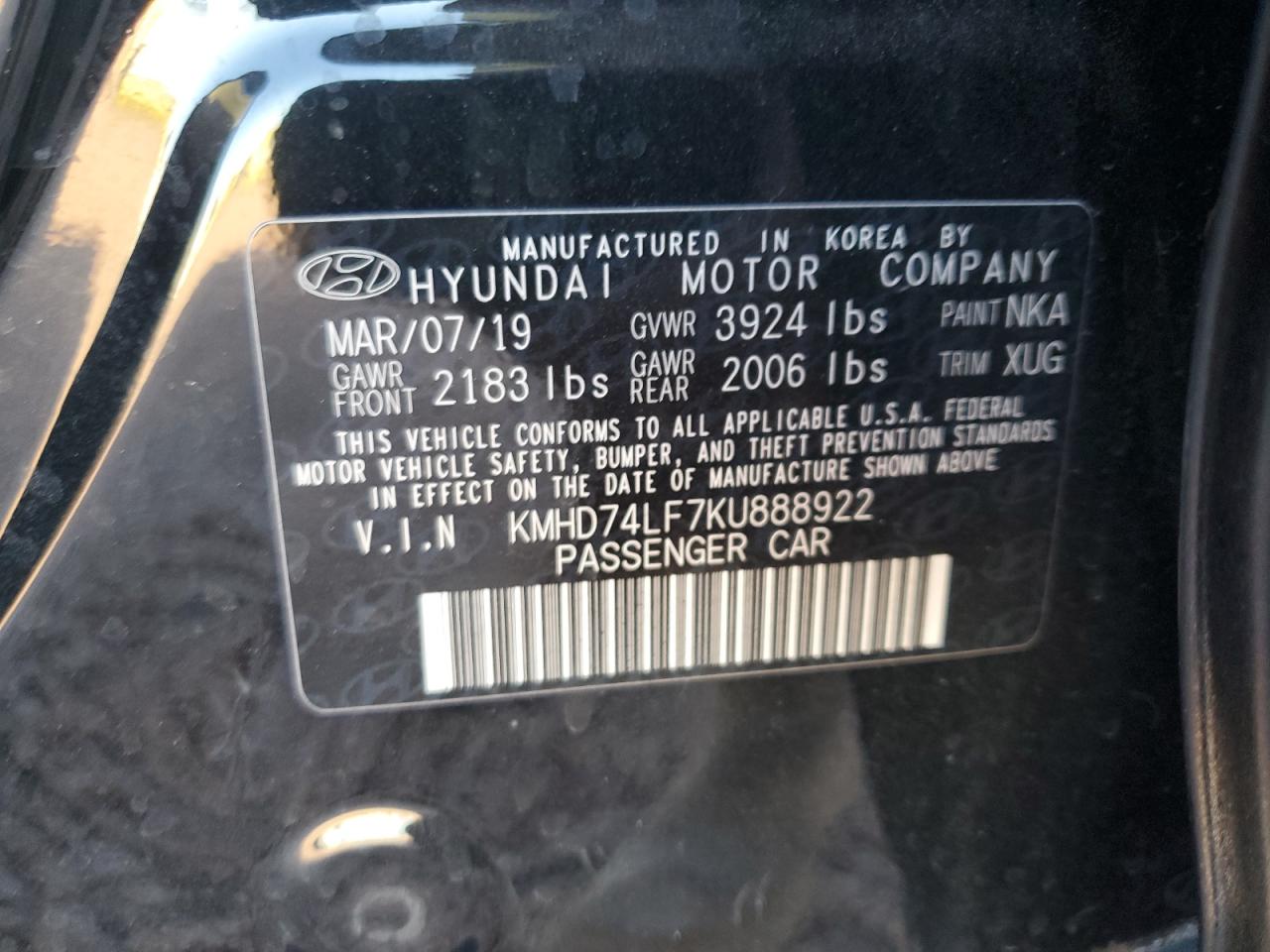 2019 Hyundai Elantra Se VIN: KMHD74LF7KU888922 Lot: 53161055