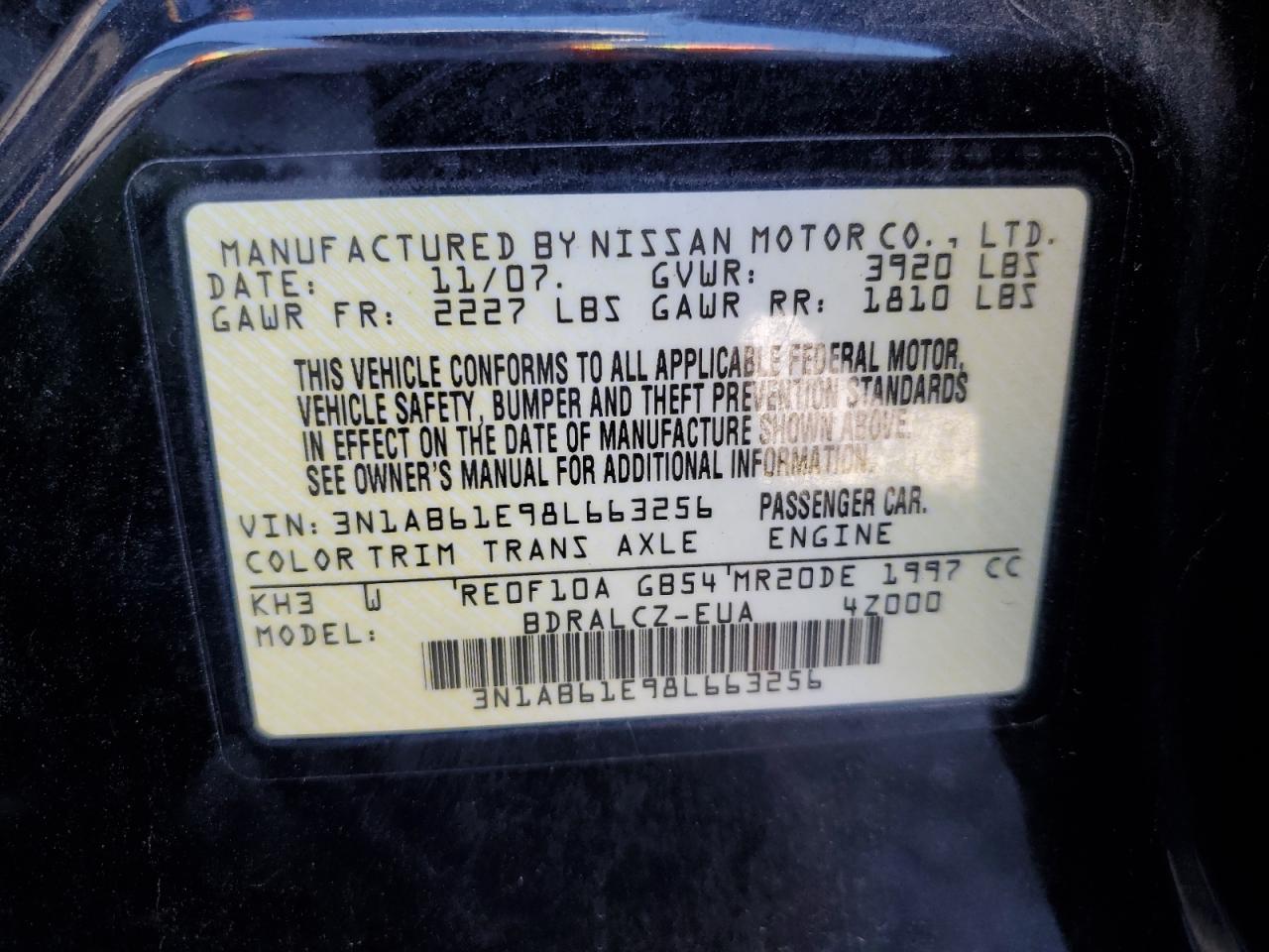 3N1AB61E98L663256 2008 Nissan Sentra 2.0
