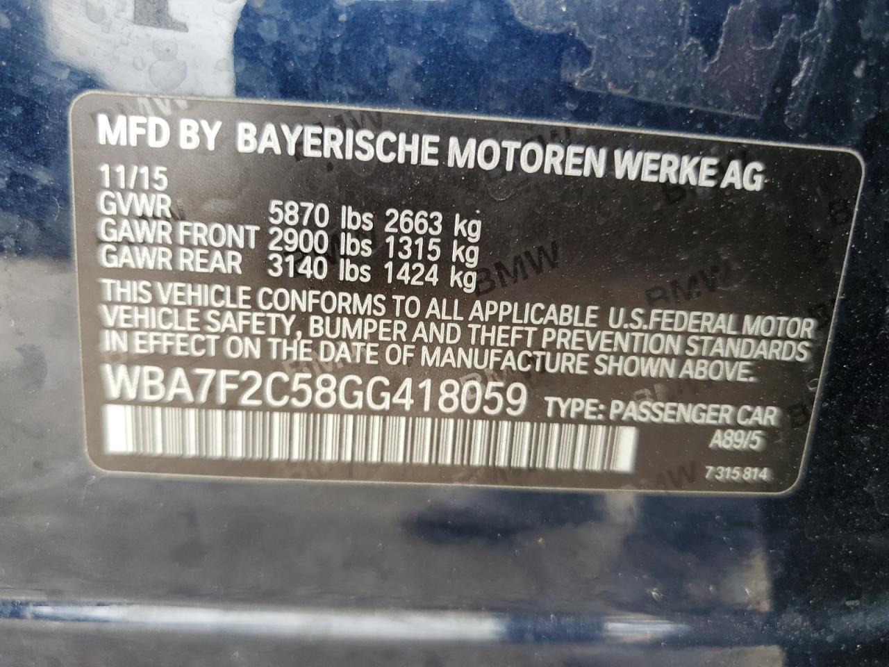 2016 BMW 750 Xi VIN: WBA7F2C58GG418059 Lot: 52196005