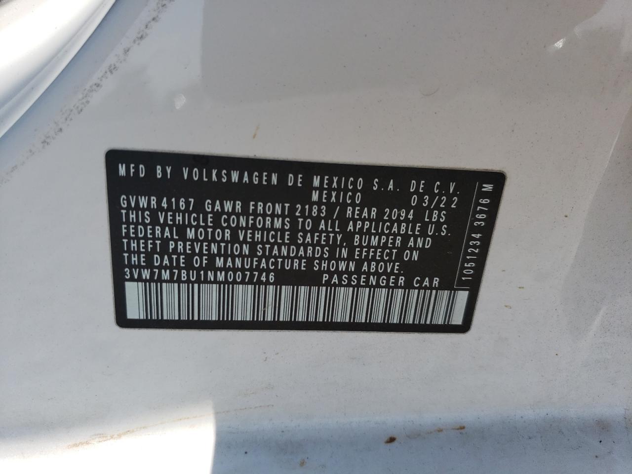 2022 Volkswagen Jetta Se VIN: 3VW7M7BU1NM007746 Lot: 54934935