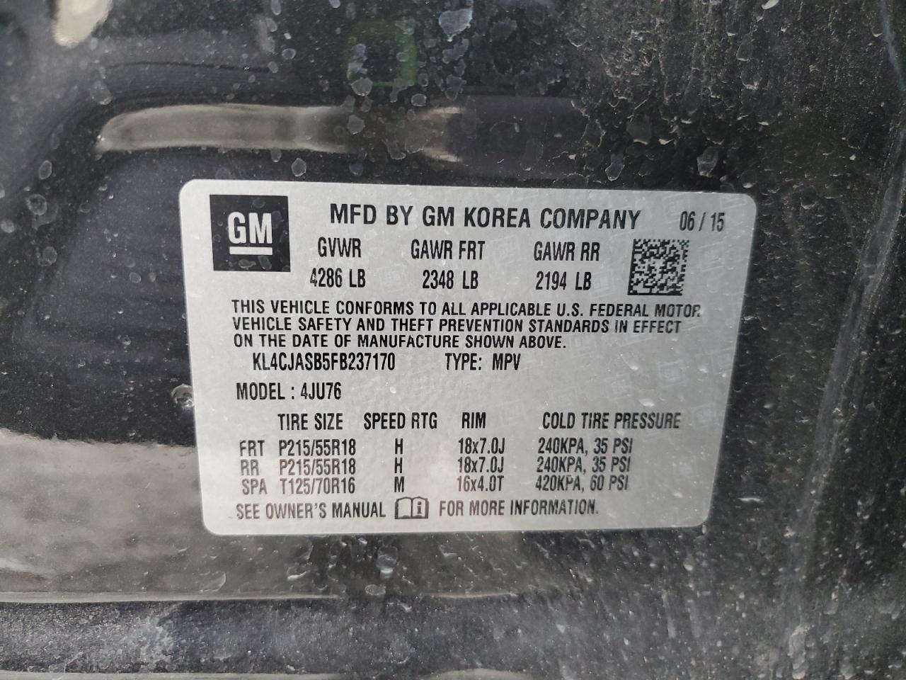 2015 BUICK ENCORE with REAR END damage, VIN KL4CJASB5FB237170