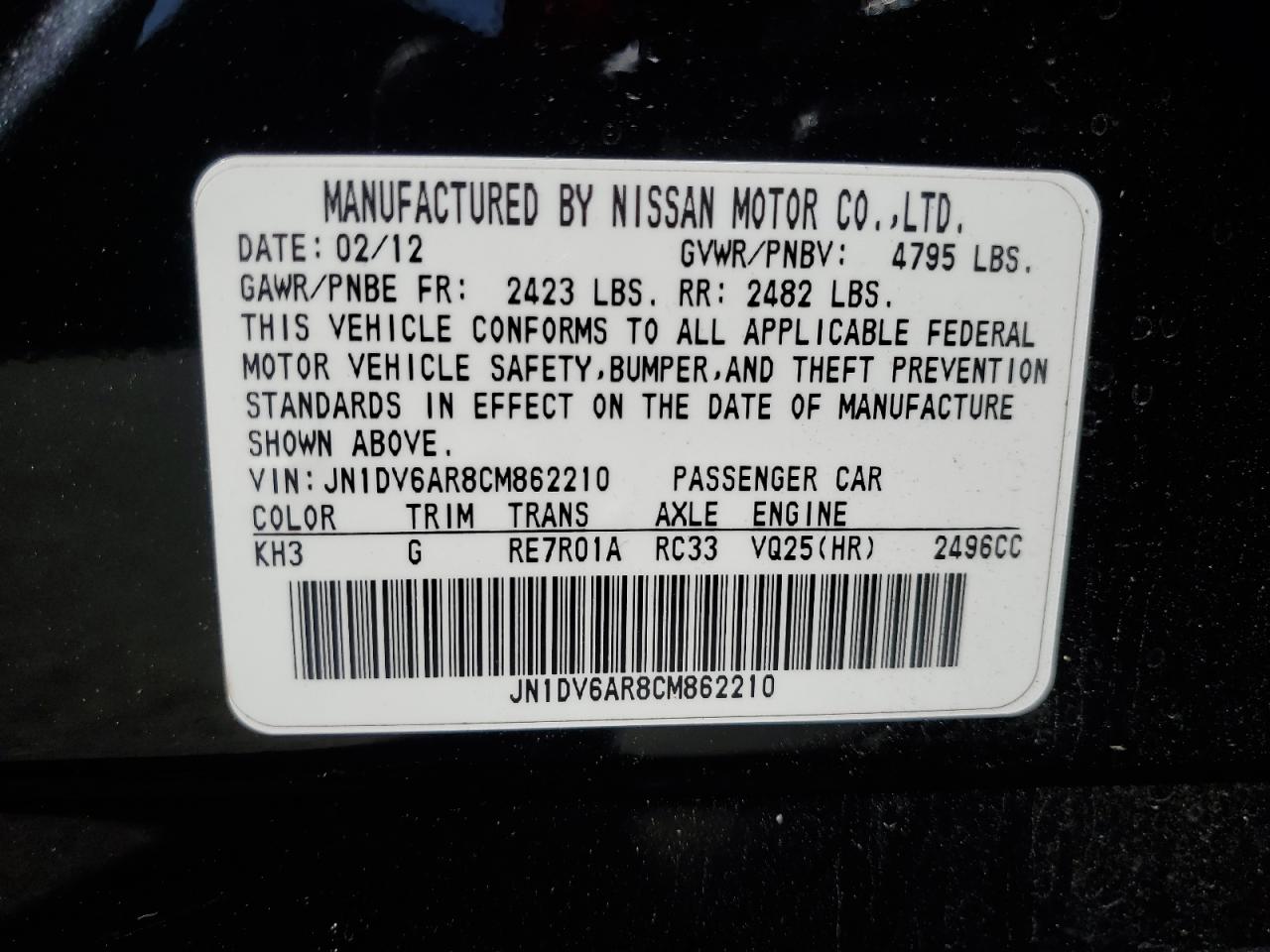 2012 Infiniti G25 VIN: JN1DV6AR8CM862210 Lot: 53297195