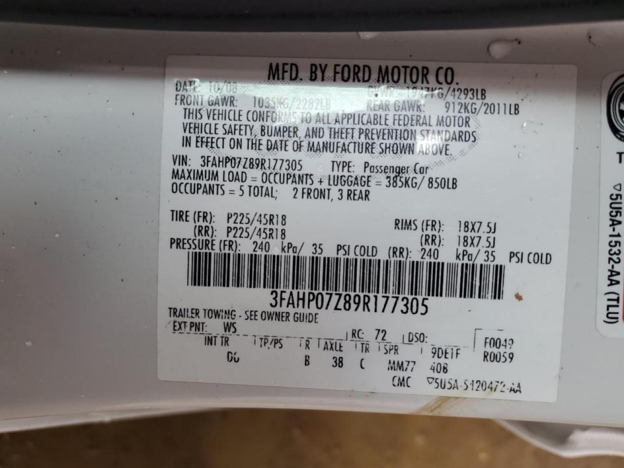 3FAHP07Z89R177305 2009 Ford Fusion Se