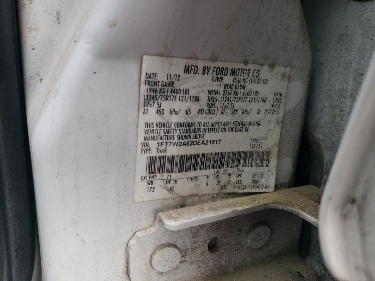 2013 Ford F250 Super Duty VIN: 1FT7W2A62DEA21517 Lot: 52736775