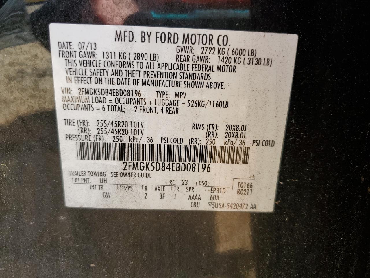 2014 Ford Flex Limited VIN: 2FMGK5D84EBD08196 Lot: 52965835