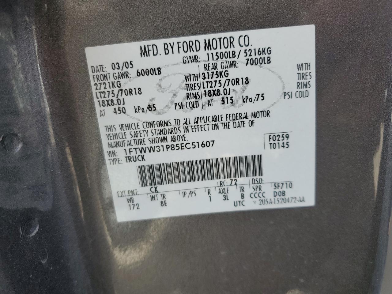 2005 Ford F350 Srw Super Duty VIN: 1FTWW31P85EC51607 Lot: 51385725