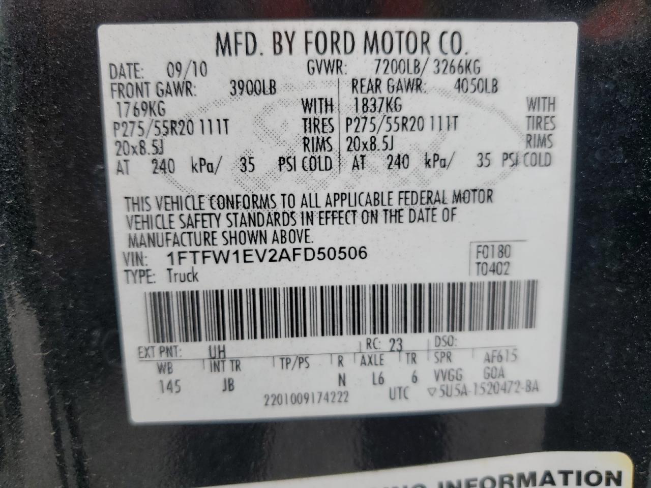 1FTFW1EV2AFD50506 2010 Ford F150 Supercrew