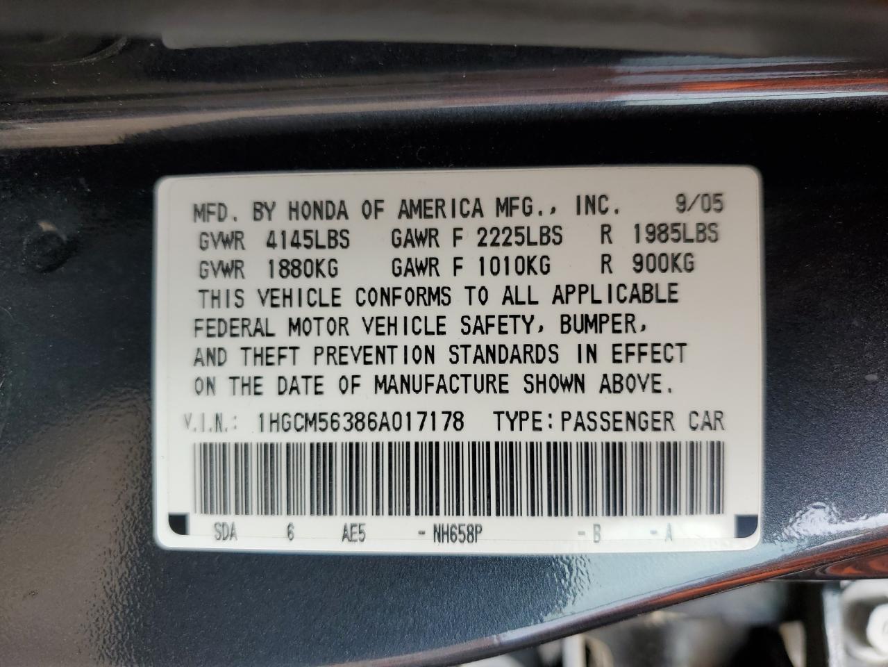 2006 Honda Accord Se VIN: 1HGCM56386A017178 Lot: 54591965