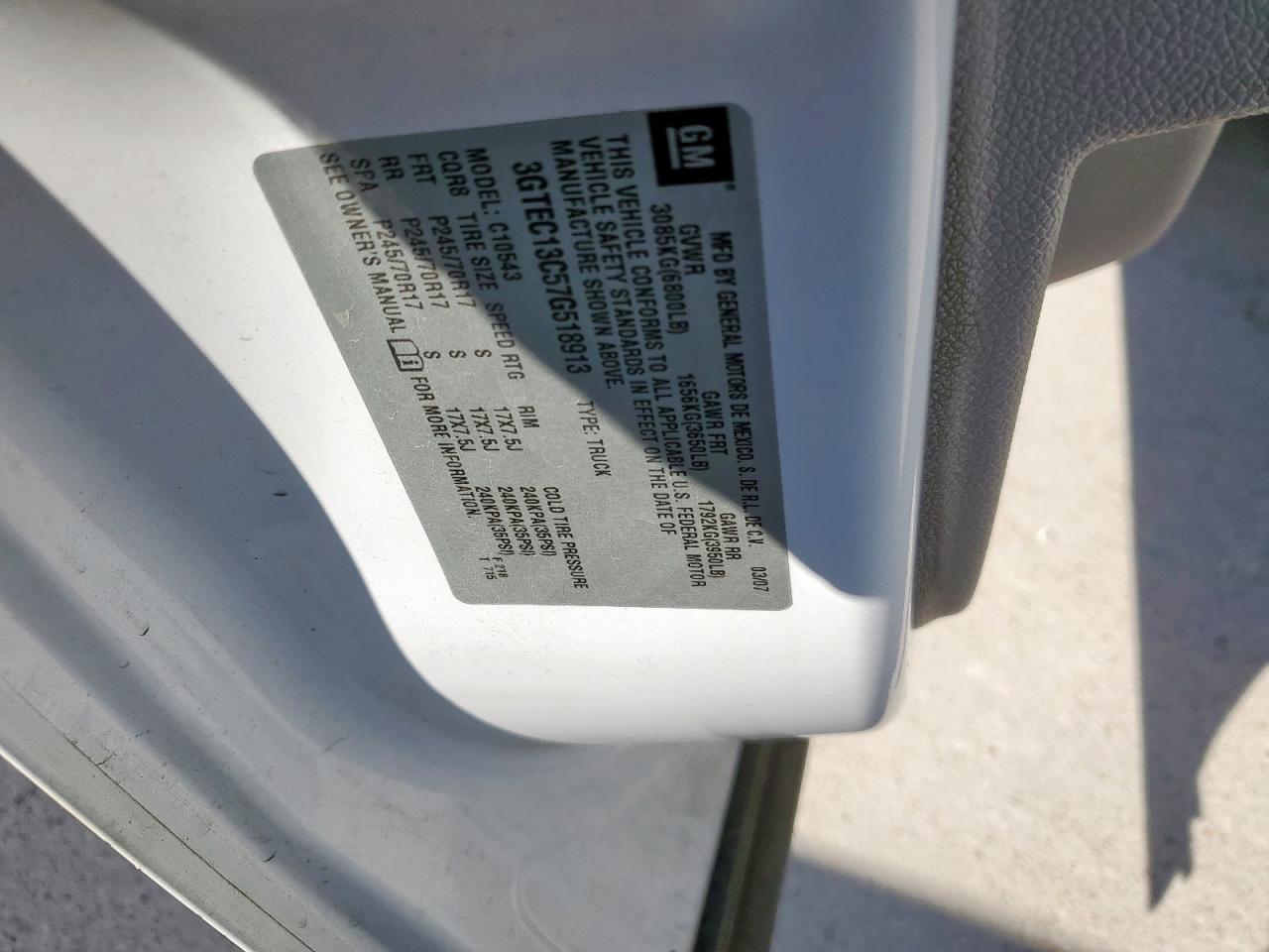 2007 GMC New Sierra C1500 VIN: 3GPEC13C57G518913 Lot: 52036355