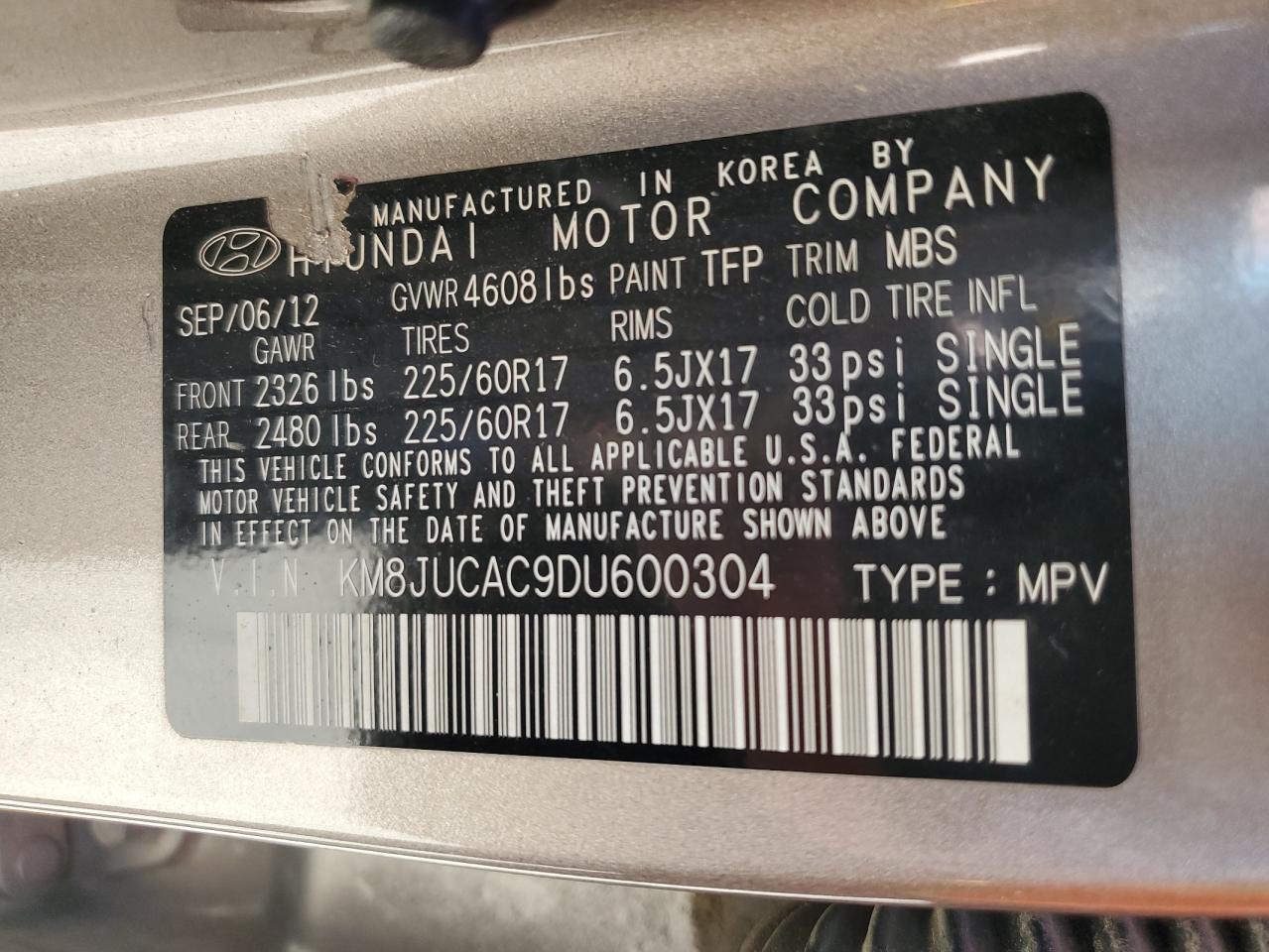2013 Hyundai Tucson Gls VIN: KM8JUCAC9DU600304 Lot: 53171555