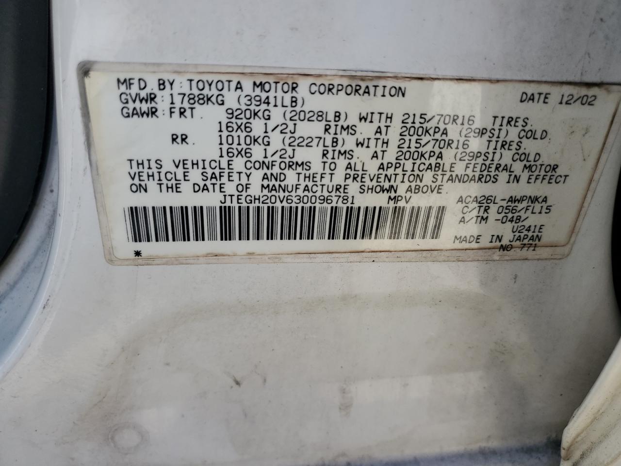 2003 Toyota Rav4 VIN: JTEGH20V630096781 Lot: 53274585