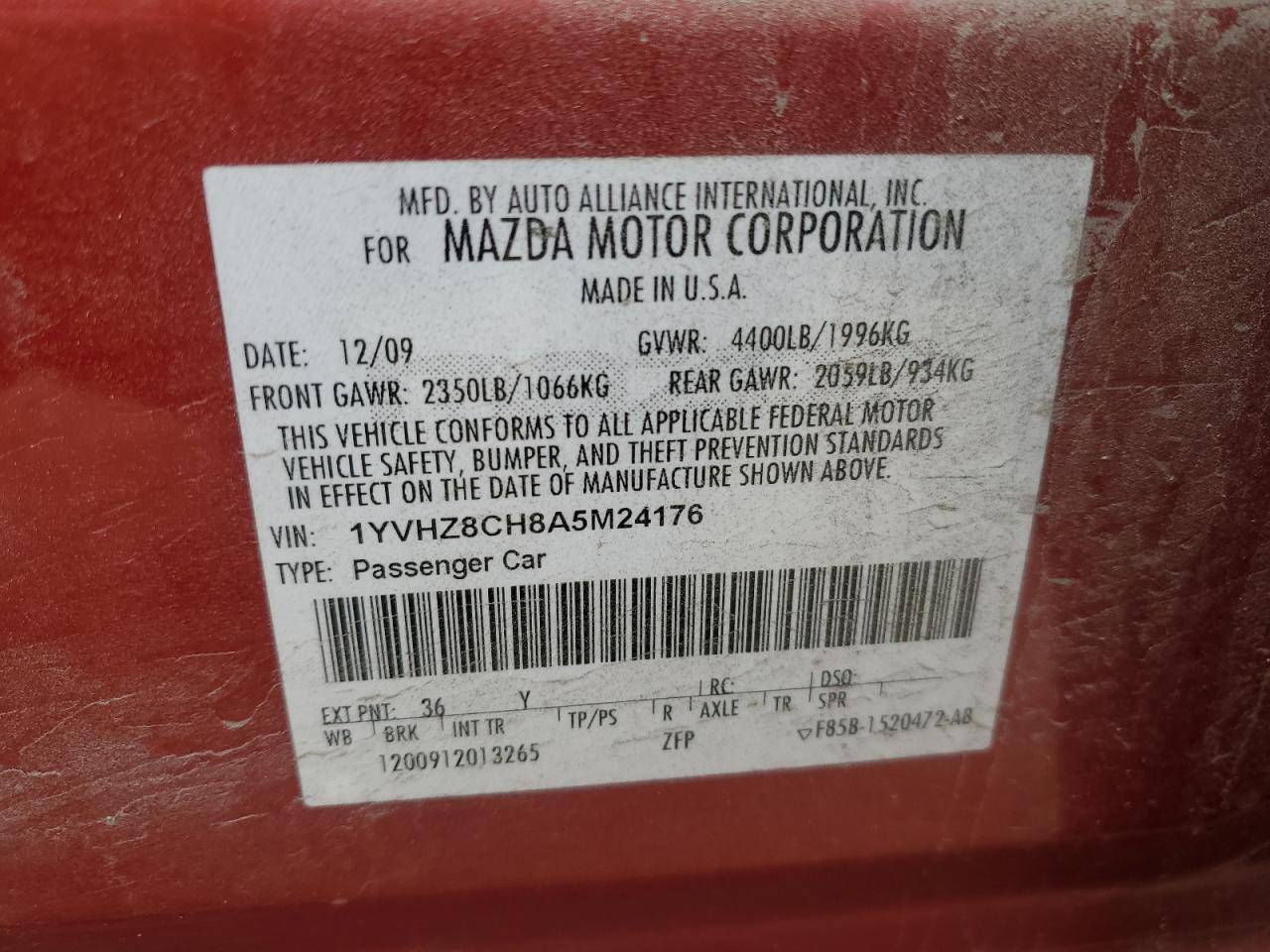 2010 Mazda 6 I VIN: 1YVHZ8CH8A5M24176 Lot: 51921175