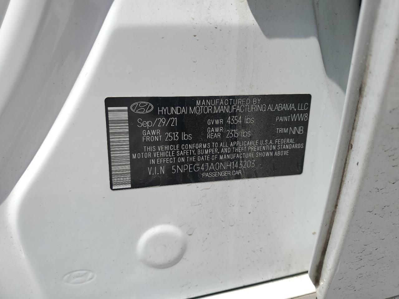 2022 Hyundai Sonata Se VIN: 5NPEG4JA0NH143203 Lot: 54224225