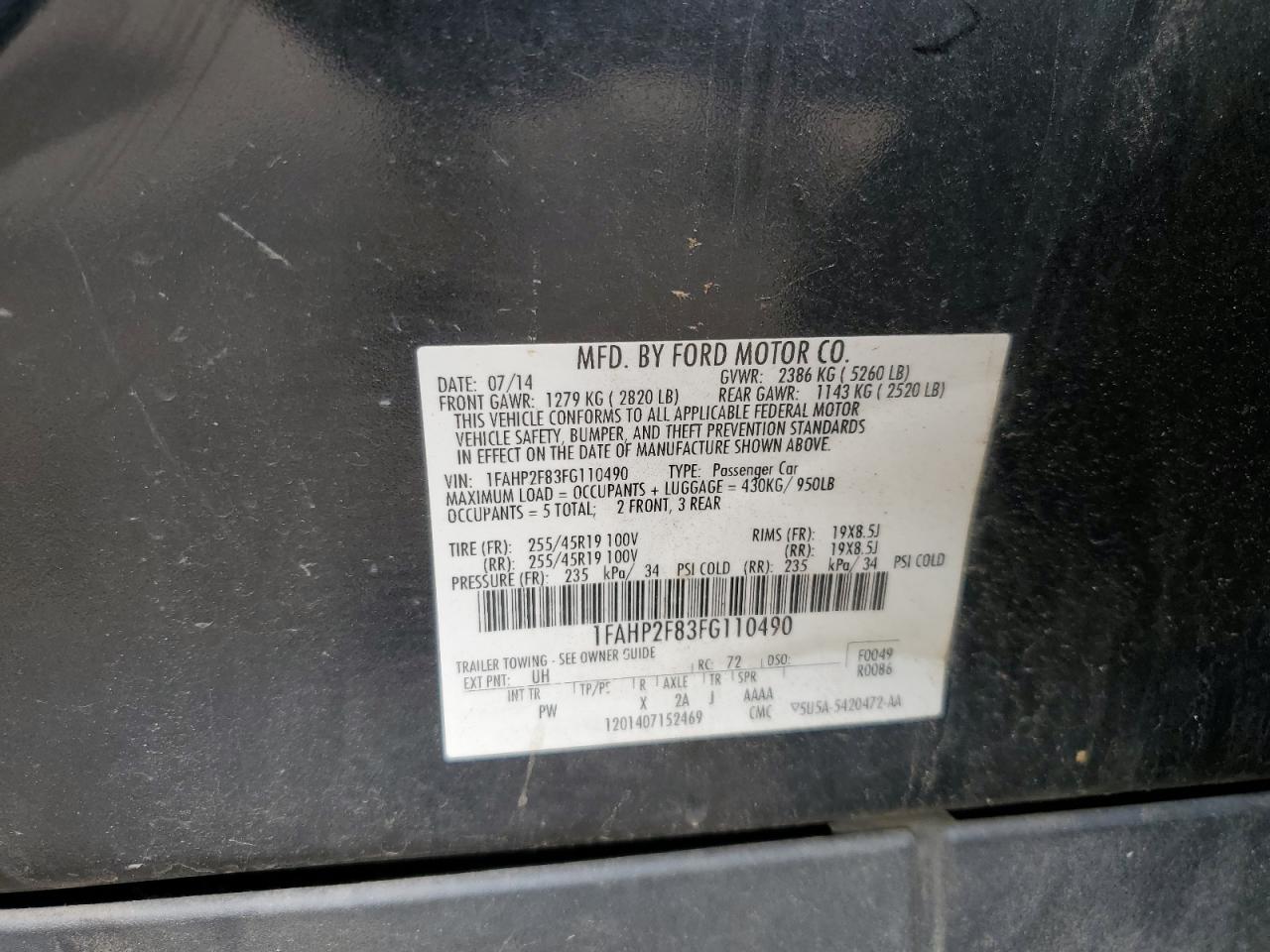 2015 Ford Taurus Limited VIN: 1FAHP2F83FG110490 Lot: 54494535