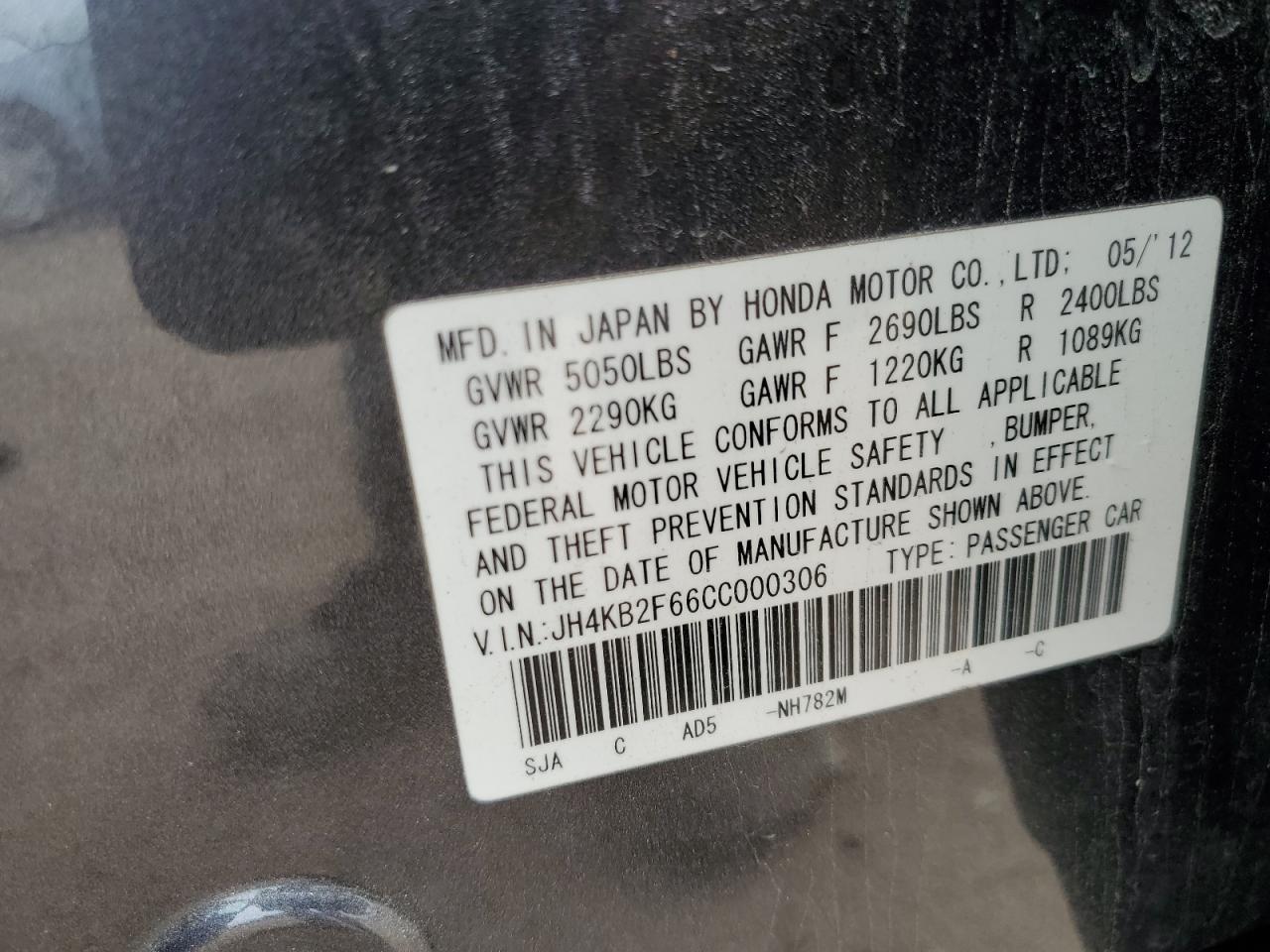 2012 Acura Rl VIN: JH4KB2F66CC000306 Lot: 54488115
