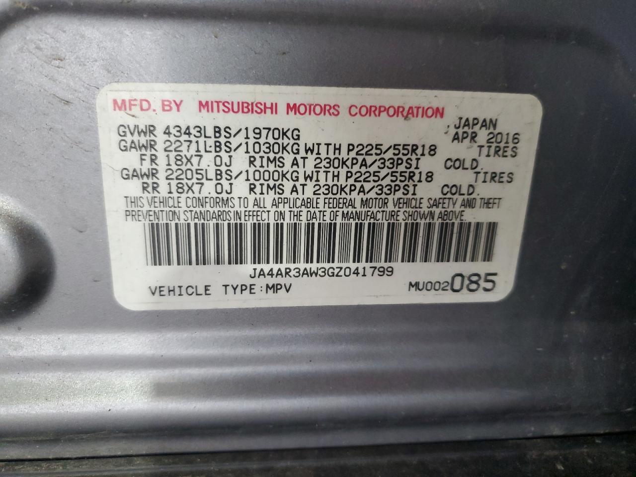 2016 Mitsubishi Outlander Sport Es VIN: JA4AR3AW3GZ041799 Lot: 54811265