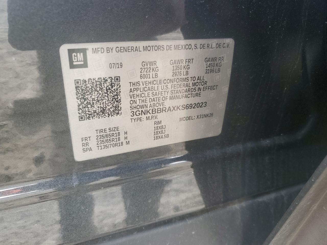 2019 Chevrolet Blazer 1Lt VIN: 3GNKBBRAXKS692023 Lot: 54063415