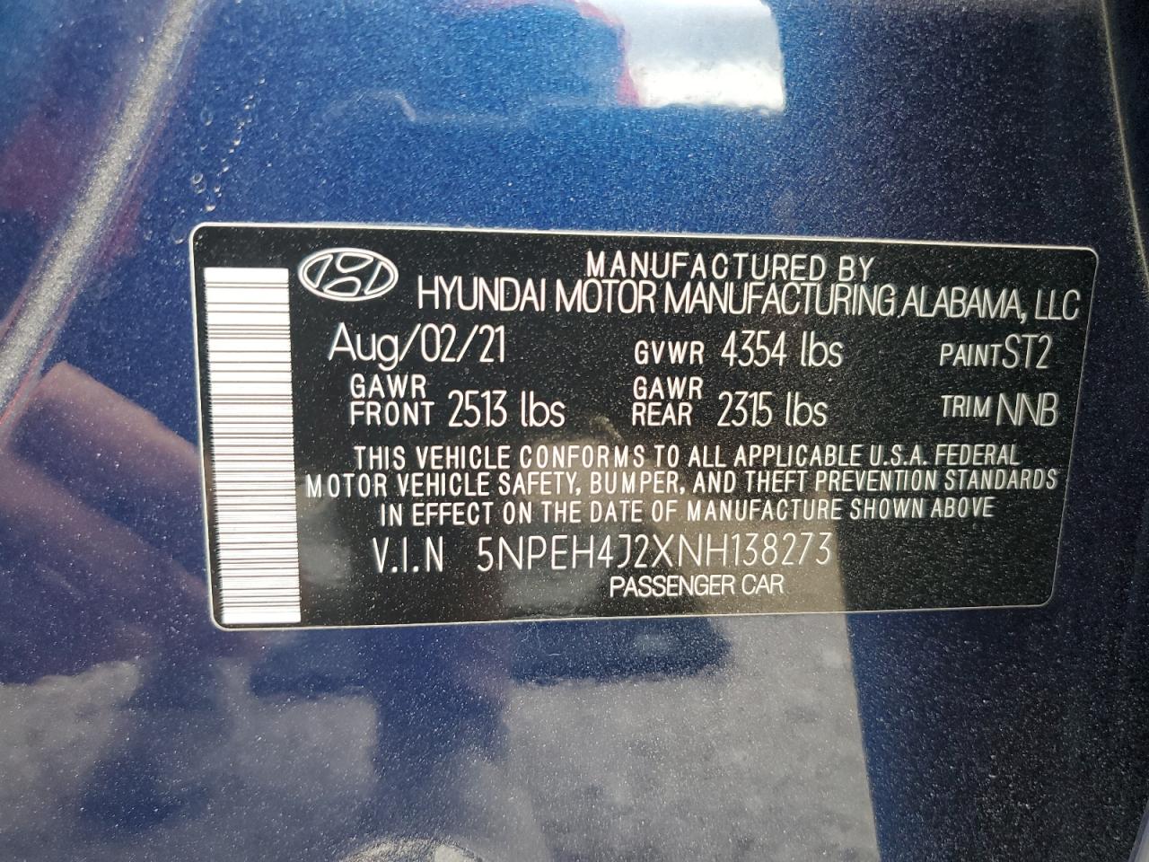 2022 Hyundai Sonata Limited VIN: 5NPEH4J2XNH138273 Lot: 53245205