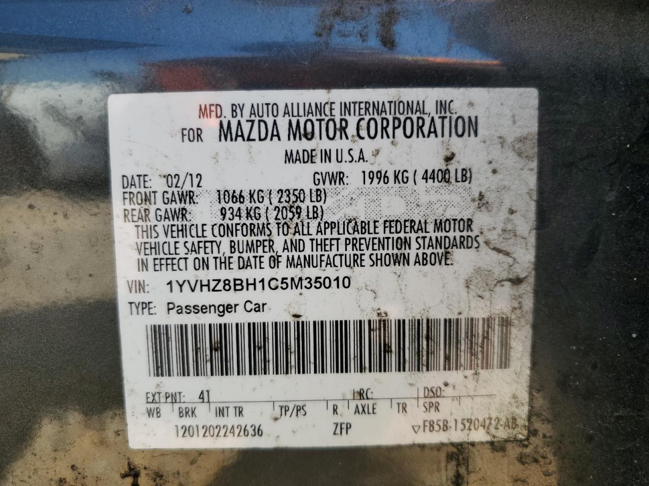 2012 Mazda 6 I VIN: 1YVHZ8BH1C5M35010 Lot: 65278775