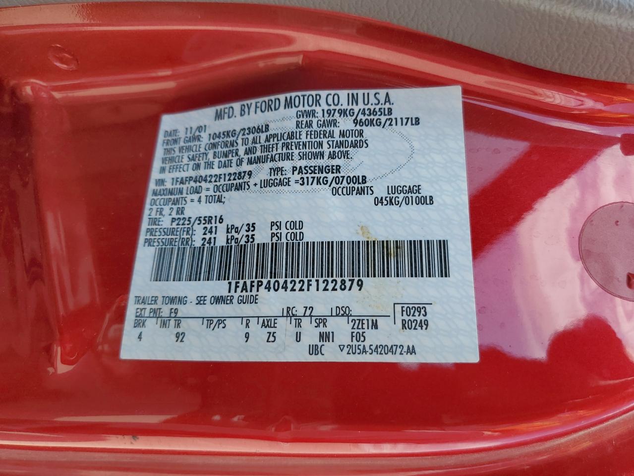 2002 Ford Mustang VIN: 1FAFP40422F122879 Lot: 53496945