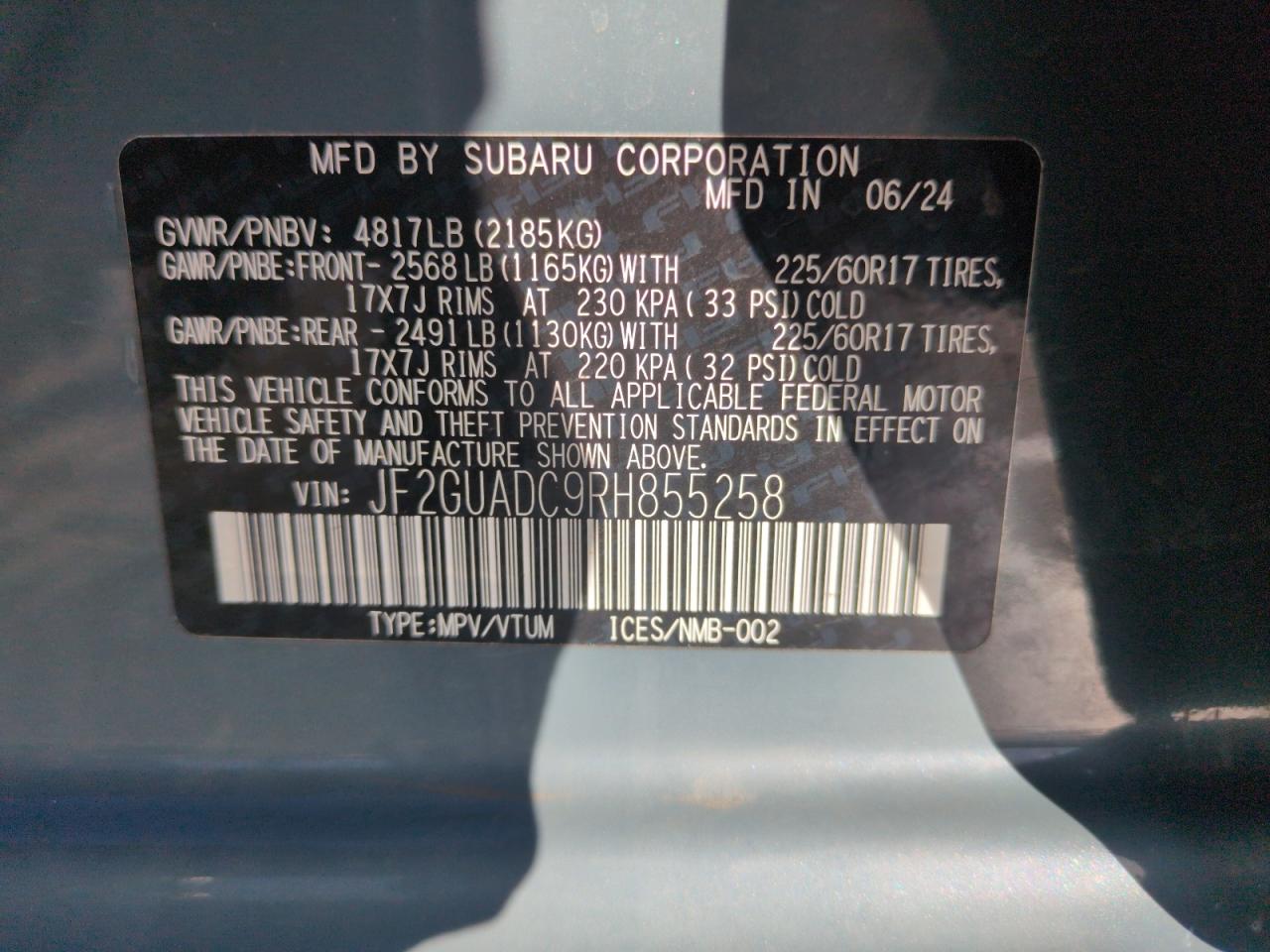 2024 Subaru Crosstrek Premium VIN: JF2GUADC9RH855258 Lot: 53612515