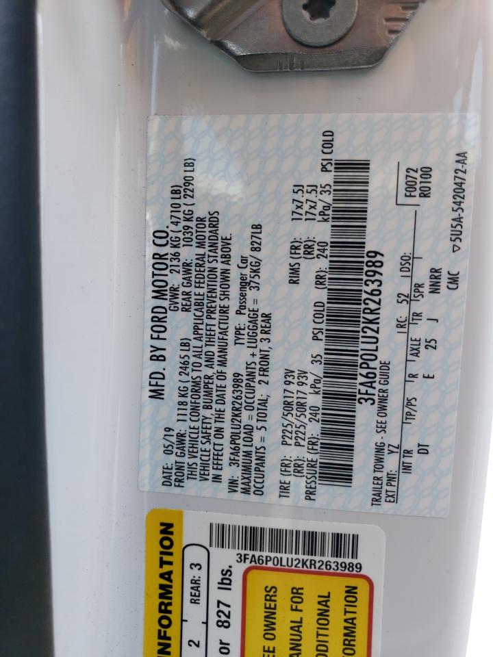 2019 Ford Fusion Se VIN: 3FA6P0LU2KR263989 Lot: 54034035