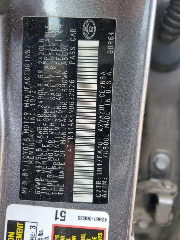 2022 Toyota Camry Le VIN: 4T1R11AK4NU632926 Lot: 54859235