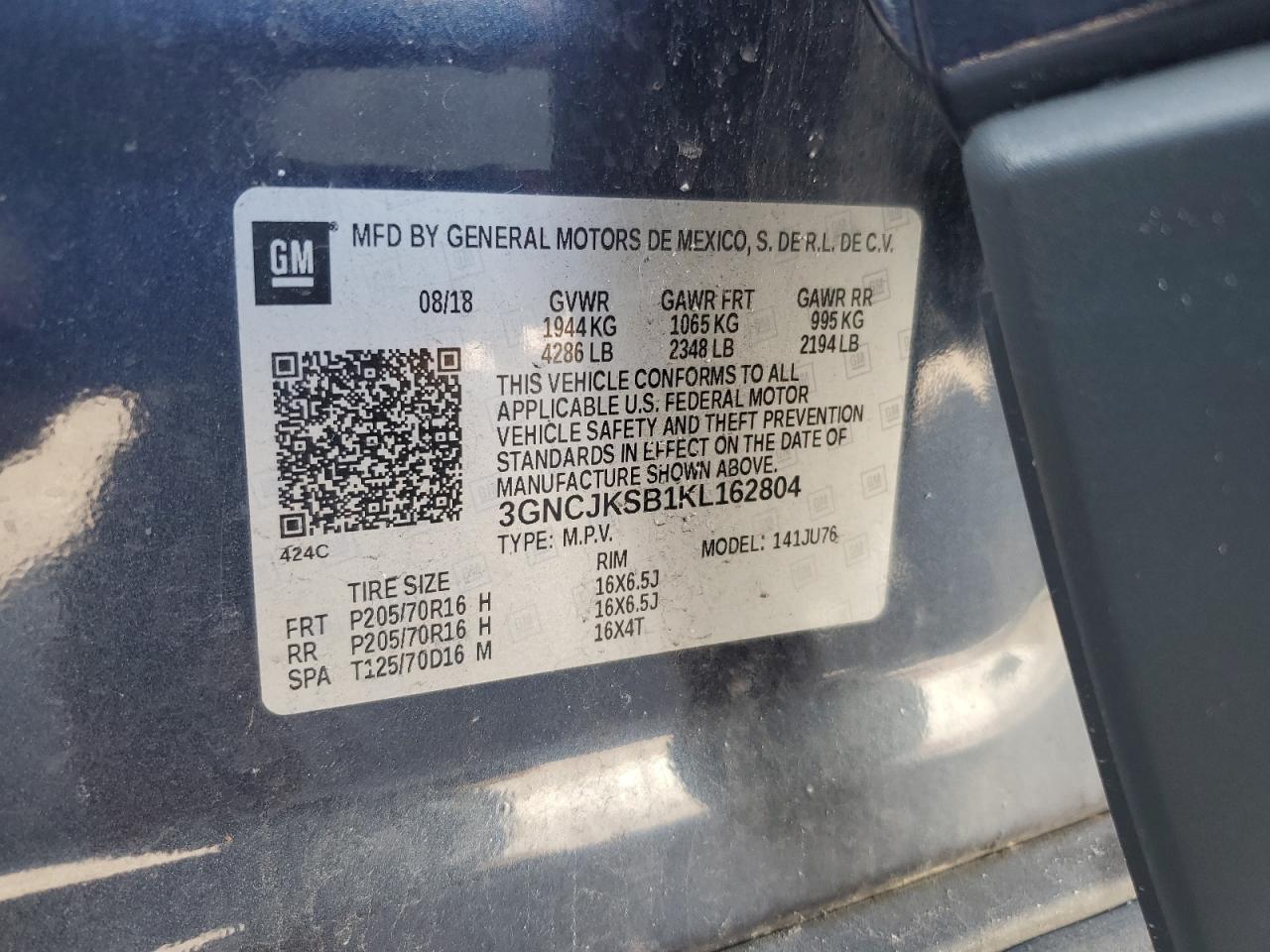 2019 Chevrolet Trax Ls VIN: 3GNCJKSB1KL162804 Lot: 51538035