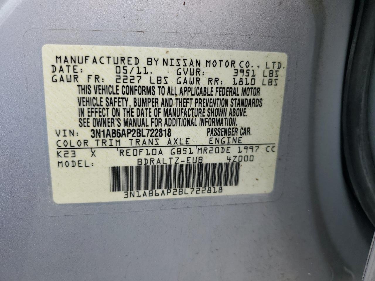 2011 Nissan Sentra 2.0 VIN: 3N1AB6AP2BL722818 Lot: 54706715