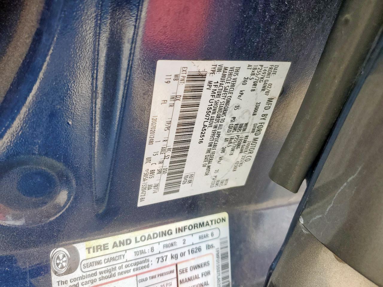 2007 Ford Expedition Xlt VIN: 1FMFU15507LA52516 Lot: 82149095