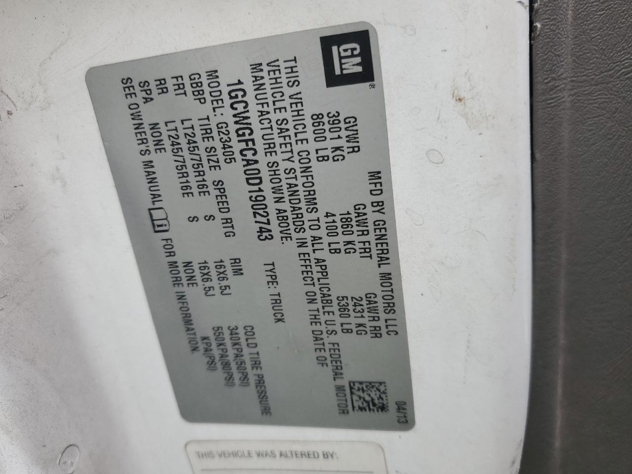 2013 Chevrolet Express G2500 VIN: 1GCWGFCA0D1902743 Lot: 50549225